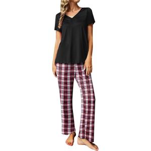 imageEkouaer Womens Pajama Sets 2 Piece Lounge Set Soft Pajamas for Women Set Short Sleeve and Long Pants Pjs with PocketsRed Plaid