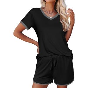 imageEkouaer Womens Pajama Short Sets Lounge Sets for Women 2 Piece Soft Pjs Set Casual V Neck Sleepwear with PocketsBlack