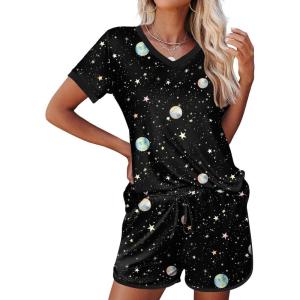 imageEkouaer Womens Pajama Short Sets Lounge Sets for Women 2 Piece Soft Pjs Set Casual V Neck Sleepwear with PocketsPlanet Starry Sky