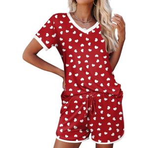 imageEkouaer Womens Pajama Short Sets Lounge Sets for Women 2 Piece Soft Pjs Set Casual V Neck Sleepwear with PocketsRed Love