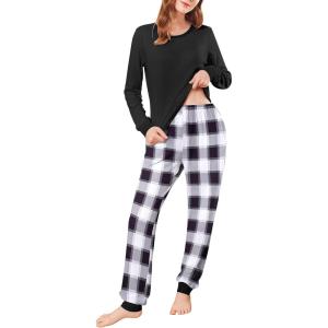 imageEkouaer Womens Pajamas Sets Long Sleeve Tops with Jogger Pants Soft Pjs Lounge Set Outfits with PocketsBlack Grey Plaid