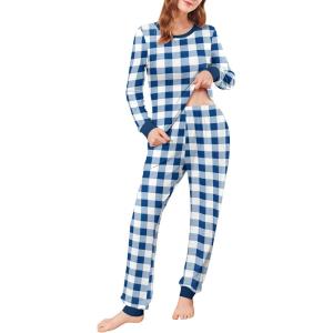 imageEkouaer Womens Pajamas Sets Long Sleeve Tops with Jogger Pants Soft Pjs Lounge Set Outfits with PocketsBlue Plaid