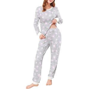 imageEkouaer Womens Pajamas Sets Long Sleeve Tops with Jogger Pants Soft Pjs Lounge Set Outfits with PocketsLight Grey Pink Star