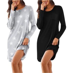 imageEkouaer Womens 2 Pack Sleepshirt Dress Comfortable Nightshirt Nightgown Long Sleeve Button Down SleepwearBlack stars