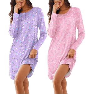 imageEkouaer Womens 2 Pack Sleepshirt Dress Comfortable Nightshirt Nightgown Long Sleeve Button Down SleepwearBlue White Floral purple Floral
