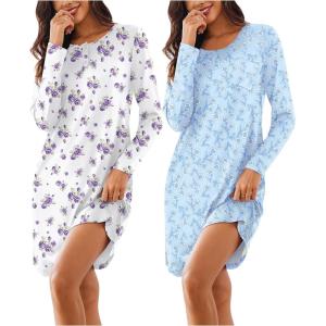 imageEkouaer Womens 2 Pack Sleepshirt Dress Comfortable Nightshirt Nightgown Long Sleeve Button Down SleepwearBlue White Floral white Purple Floral