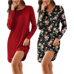 imageEkouaer Womens 2 Pack Sleepshirt Dress Comfortable Nightshirt Nightgown Long Sleeve Button Down SleepwearNavy Blue wine Red