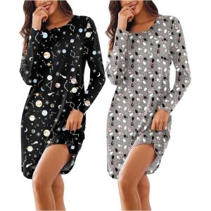imageEkouaer Womens 2 Pack Sleepshirt Dress Comfortable Nightshirt Nightgown Long Sleeve Button Down SleepwearPolar Bear planet