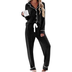 imageEkouaer Womens Pajamas Long Sleeve Sleepwear Casual Button Down Loungewear Soft Pjs Set SXXLBlack
