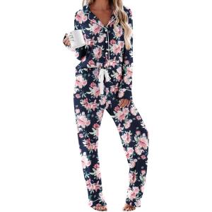 imageEkouaer Womens Pajamas Long Sleeve Sleepwear Casual Button Down Loungewear Soft Pjs Set SXXLBlack Pink Floral