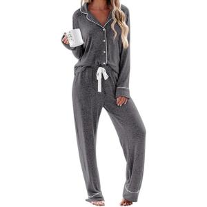 imageEkouaer Womens Pajamas Long Sleeve Sleepwear Casual Button Down Loungewear Soft Pjs Set SXXLFlower Grey