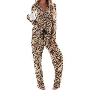 imageEkouaer Womens Pajamas Long Sleeve Sleepwear Casual Button Down Loungewear Soft Pjs Set SXXLLeopard