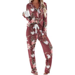 imageEkouaer Womens Pajamas Long Sleeve Sleepwear Casual Button Down Loungewear Soft Pjs Set SXXLRed Floral
