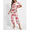 imageEkouaer 2 Pack Womens Pajamas Sets Short Sleeve Tops and Capri Pants Pjs Colorful Printed Sleepwear SetsPink Flowers  Black Flowers