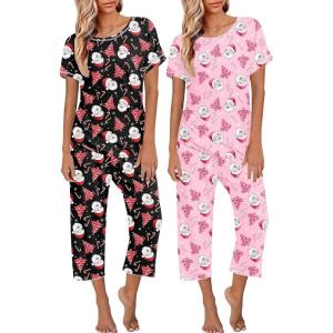 imageEkouaer 2 Pack Womens Pajamas Sets Short Sleeve Tops and Capri Pants Pjs Colorful Printed Sleepwear Sets2 Pack Christmas
