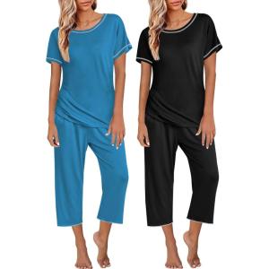 imageEkouaer 2 Pack Womens Pajamas Sets Short Sleeve Tops and Capri Pants Pjs Colorful Printed Sleepwear SetsBlack  Blue Green