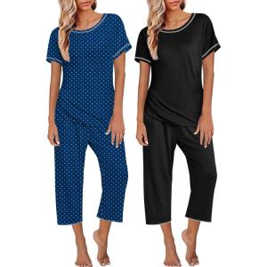 imageEkouaer 2 Pack Womens Pajamas Sets Short Sleeve Tops and Capri Pants Pjs Colorful Printed Sleepwear SetsBlack  Polka Dots