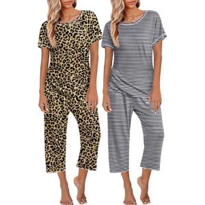 imageEkouaer 2 Pack Womens Pajamas Sets Short Sleeve Tops and Capri Pants Pjs Colorful Printed Sleepwear SetsBlack Stripeleopard