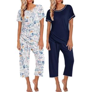 imageEkouaer 2 Pack Womens Pajamas Sets Short Sleeve Tops and Capri Pants Pjs Colorful Printed Sleepwear SetsBlue Flowers  Navy Blue