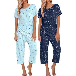 imageEkouaer 2 Pack Womens Pajamas Sets Short Sleeve Tops and Capri Pants Pjs Colorful Printed Sleepwear SetsBlue Stars  Moon
