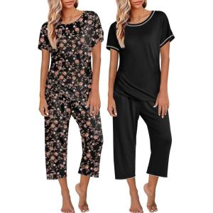 imageEkouaer 2 Pack Womens Pajamas Sets Short Sleeve Tops and Capri Pants Pjs Colorful Printed Sleepwear SetsBrown Flowers  Black