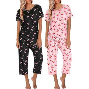 imageEkouaer 2 Pack Womens Pajamas Sets Short Sleeve Tops and Capri Pants Pjs Colorful Printed Sleepwear SetsCherry