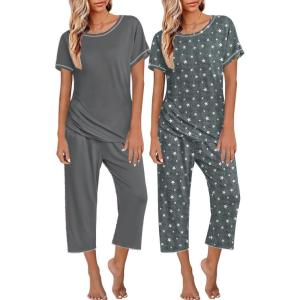 imageEkouaer 2 Pack Womens Pajamas Sets Short Sleeve Tops and Capri Pants Pjs Colorful Printed Sleepwear SetsDeep Greystars