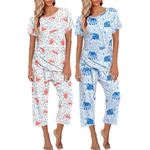 imageEkouaer 2 Pack Womens Pajamas Sets Short Sleeve Tops and Capri Pants Pjs Colorful Printed Sleepwear SetsElephantleopard