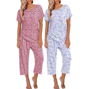 imageEkouaer 2 Pack Womens Pajamas Sets Short Sleeve Tops and Capri Pants Pjs Colorful Printed Sleepwear SetsHeart Leopardblue Flowers