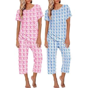 imageEkouaer 2 Pack Womens Pajamas Sets Short Sleeve Tops and Capri Pants Pjs Colorful Printed Sleepwear SetsMonkeys