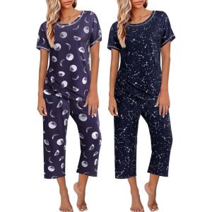 imageEkouaer 2 Pack Womens Pajamas Sets Short Sleeve Tops and Capri Pants Pjs Colorful Printed Sleepwear SetsMoon  Stars