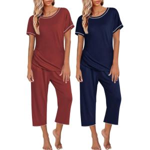 imageEkouaer 2 Pack Womens Pajamas Sets Short Sleeve Tops and Capri Pants Pjs Colorful Printed Sleepwear SetsNavy Blue  Wine Red
