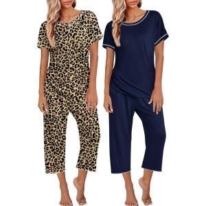 imageEkouaer 2 Pack Womens Pajamas Sets Short Sleeve Tops and Capri Pants Pjs Colorful Printed Sleepwear SetsNavy Blueleopard