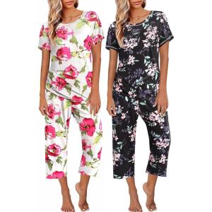 imageEkouaer 2 Pack Womens Pajamas Sets Short Sleeve Tops and Capri Pants Pjs Colorful Printed Sleepwear SetsPink Flowers  Black Flowers