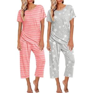 imageEkouaer 2 Pack Womens Pajamas Sets Short Sleeve Tops and Capri Pants Pjs Colorful Printed Sleepwear SetsPink Stripe  Grey Stars