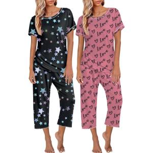 imageEkouaer 2 Pack Womens Pajamas Sets Short Sleeve Tops and Capri Pants Pjs Colorful Printed Sleepwear SetsStars  Love