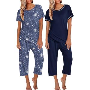 imageEkouaer 2 Pack Womens Pajamas Sets Short Sleeve Tops and Capri Pants Pjs Colorful Printed Sleepwear SetsStars Sky  Navy Blue