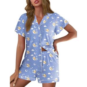 imageEkouaer Pajamas for Women Set Button Up Pjs Short Sleeve Ruffle Sleepwear Notch Collar Bride Soft Pj Lounge Sets SXXLBlue Moon Teddy