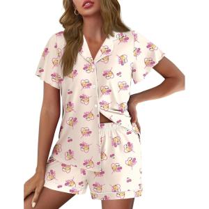imageEkouaer Pajamas for Women Set Button Up Pjs Short Sleeve Ruffle Sleepwear Notch Collar Bride Soft Pj Lounge Sets SXXLCherry Teddy