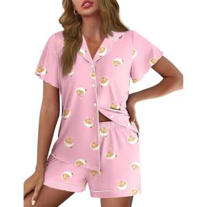 imageEkouaer Pajamas for Women Set Button Up Pjs Short Sleeve Ruffle Sleepwear Notch Collar Bride Soft Pj Lounge Sets SXXLPink Moon Teddy