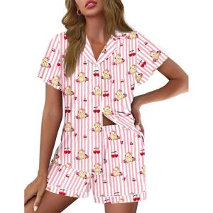 imageEkouaer Pajamas for Women Set Button Up Pjs Short Sleeve Ruffle Sleepwear Notch Collar Bride Soft Pj Lounge Sets SXXLPink Striped Teddy