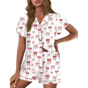 imageEkouaer Pajamas for Women Set Button Up Pjs Short Sleeve Ruffle Sleepwear Notch Collar Bride Soft Pj Lounge Sets SXXLRed Bow Tie