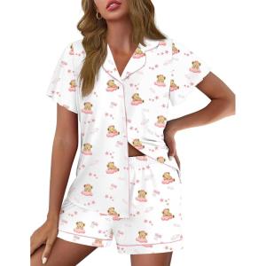 imageEkouaer Pajamas for Women Set Button Up Pjs Short Sleeve Ruffle Sleepwear Notch Collar Bride Soft Pj Lounge Sets SXXLWhite Sleep Teddy