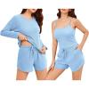 imageEkouaer Womens Waffle Knit Pajama Sets 3 Piece Long Sleeve and Cami Top with Shorts Outfits Lounge SetLight Blue