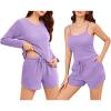 imageEkouaer Womens Waffle Knit Pajama Sets 3 Piece Long Sleeve and Cami Top with Shorts Outfits Lounge SetLight Purple