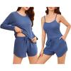 imageEkouaer Womens Waffle Knit Pajama Sets 3 Piece Long Sleeve and Cami Top with Shorts Outfits Lounge SetNavy Blue