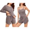 imageEkouaer Womens Waffle Knit Pajama Sets 3 Piece Long Sleeve and Cami Top with Shorts Outfits Lounge SetTaupe Gray