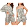imageEkouaer Womens Waffle Knit Pajama Sets 3 Piece Long Sleeve and Cami Top with Shorts Outfits Lounge SetWhite and Black Stripes