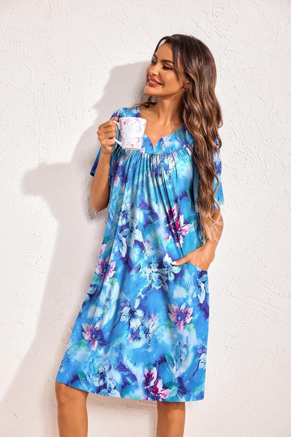 imageEkouaer 2 Pack House Dresses for Women with Pockets Short Sleeve Moo Moos Floral Print Mumu DressesBlue Floral Floral Green