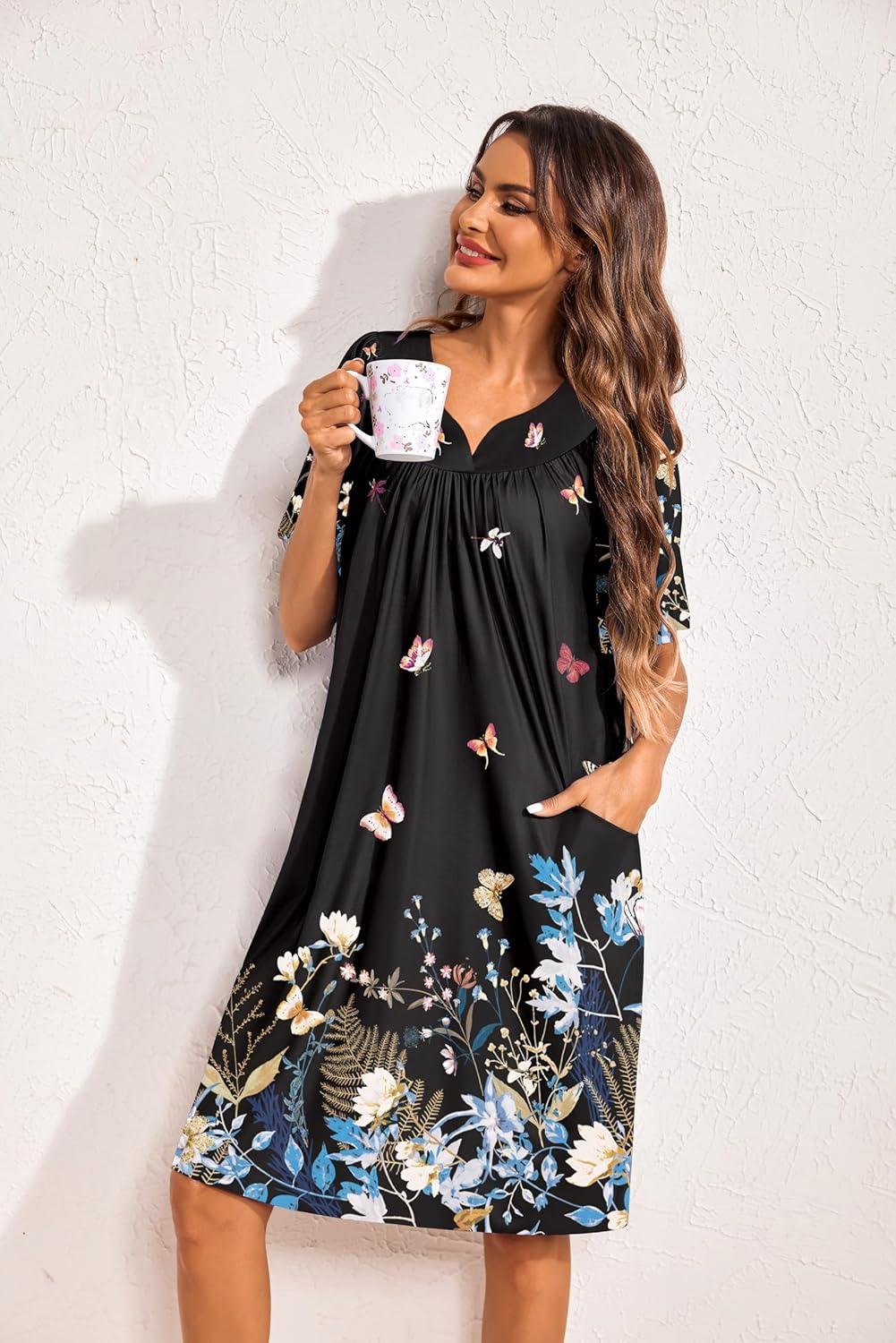 imageEkouaer 2 Pack House Dresses for Women with Pockets Short Sleeve Moo Moos Floral Print Mumu DressesBlue FloralButterfly Floral